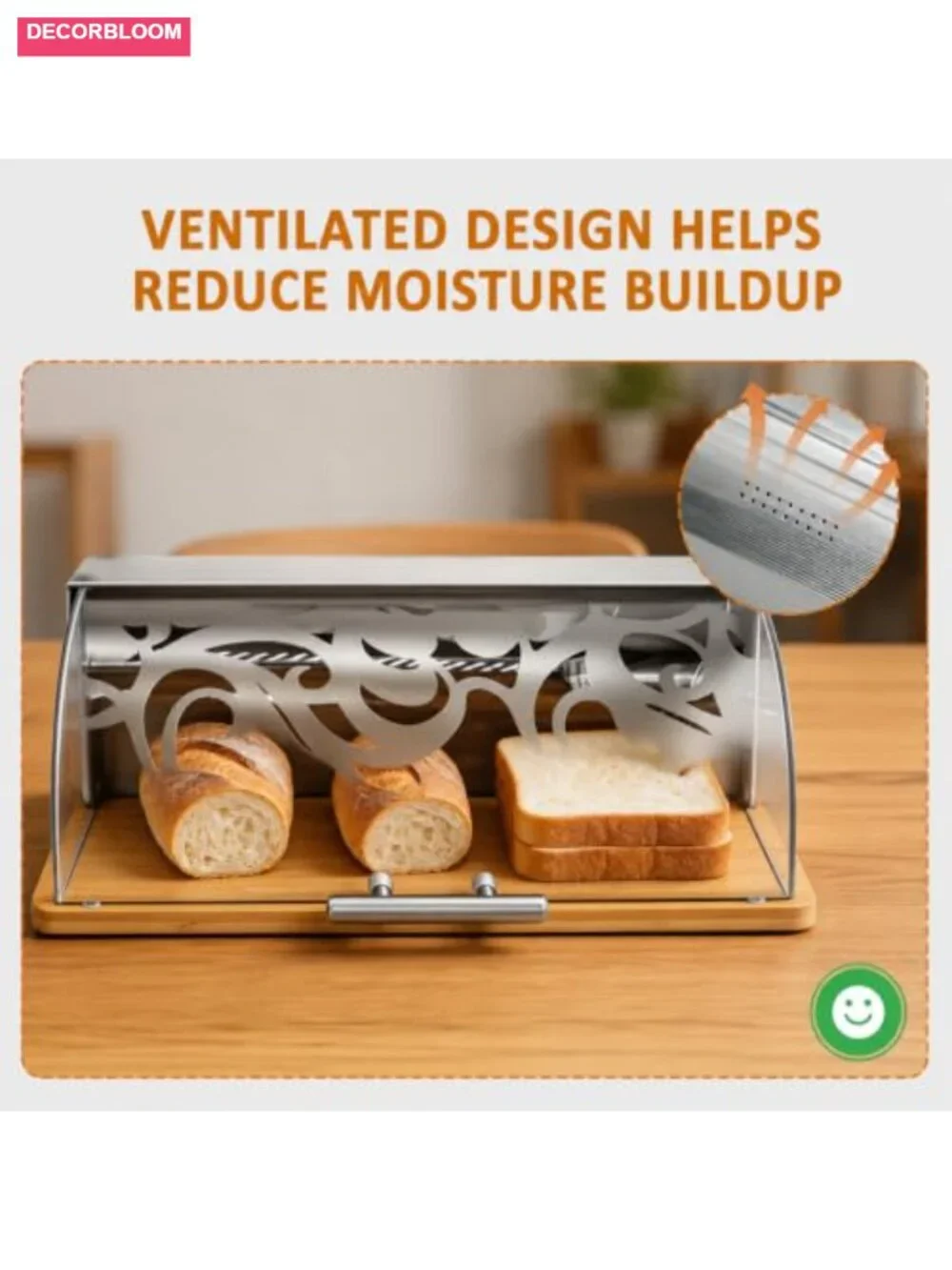 Modern Stainless Steel Roll-Top Bread Box with Bamboo Base, Acrylic Door
